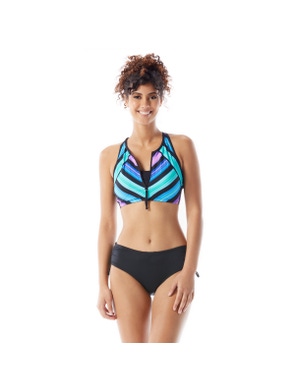 Beach House Sport Synergy Zip Front Racerback Bikini Top - Sunset & Stripes-4-004 BLACK MLT