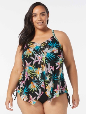Beach House Swim Plus Size Kerry Mesh Layer Underwire Tankini Top - Tropic Bloom - 001 BLACK - 16W