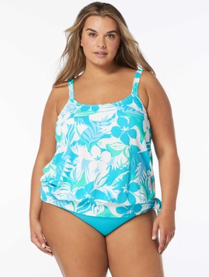 Beach House Swim Plus Size Sarah Textured Side Tie Blouson Tankini Top - Flowers Pique